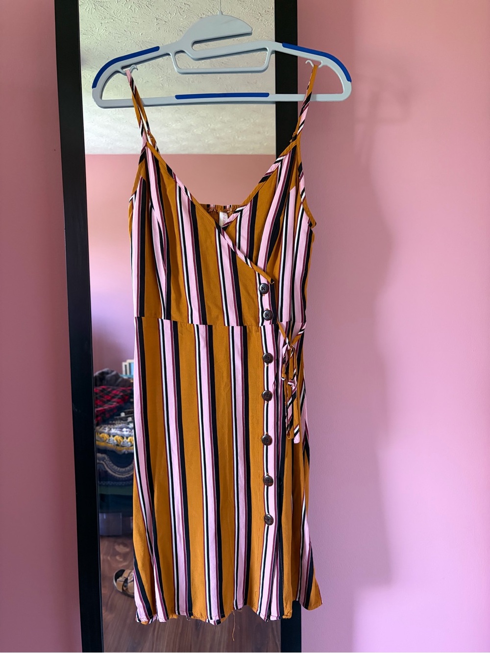 Xhilaration Pink and Mustard Striped Mini Wrap Dress